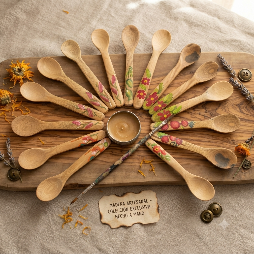 Handcrafted Set of 14 Assorted Hand-Painted Tropical Flora Guayacán Wood Spoons