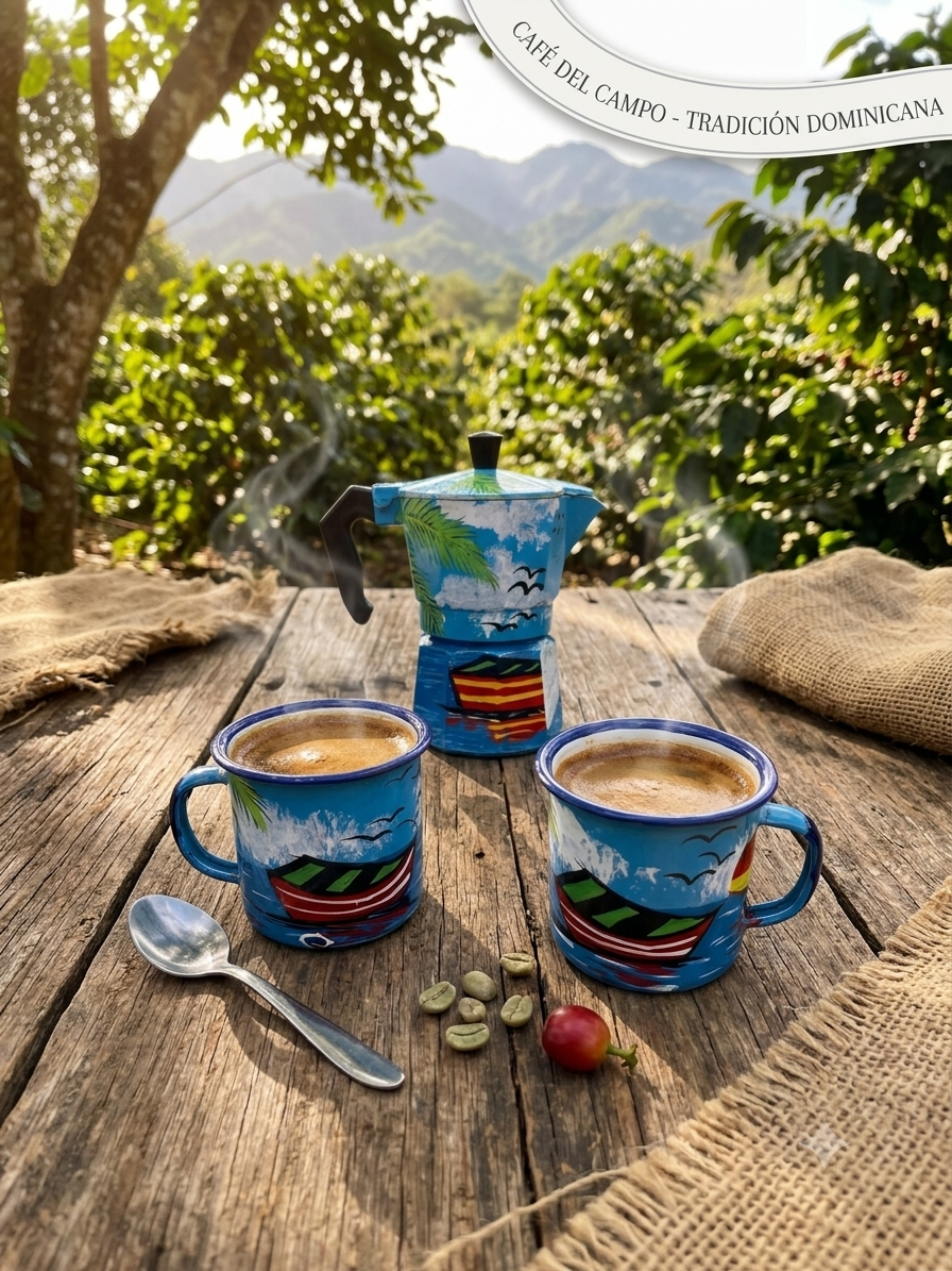 Caribbean Coffee Art Set: Hand-Painted Moka Pot & Enamel Mug Duo