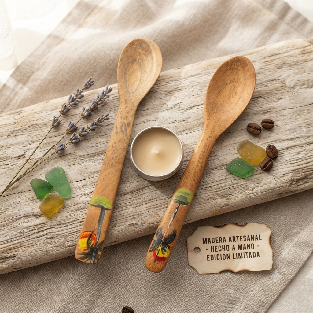 Handcrafted Set of 2 Hand-Painted Tropical Mushroom Motif Guayacán Wood Spoons