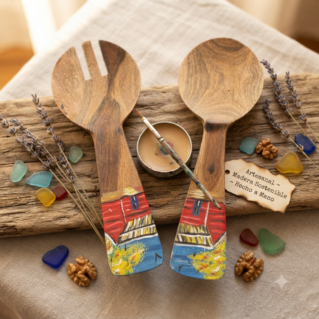 Handcrafted Set of 2 Hand-Painted Caribbean House Motif Guayacán Wood Salad Servers