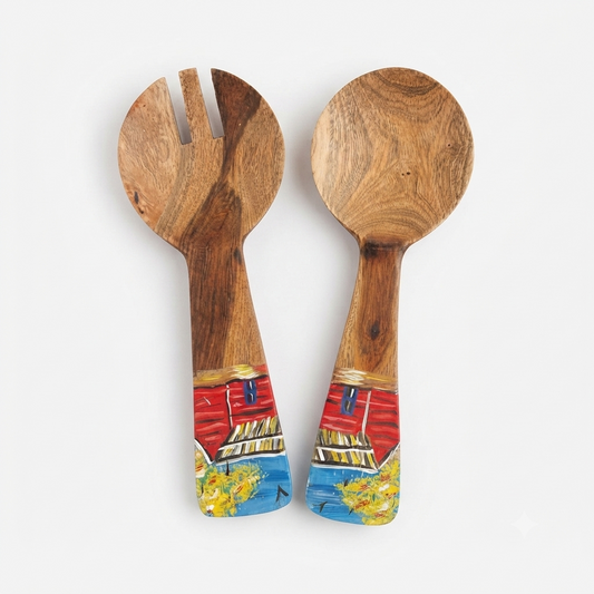 Handcrafted Set of 2 Hand-Painted Caribbean House Motif Guayacán Wood Salad Servers