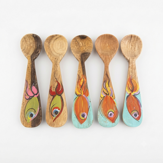 Handcrafted Set of 5 Hand-Painted Tropical Fish Motif Guayacán Wood Spoons