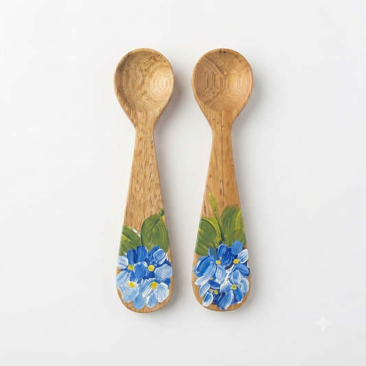 Handcrafted Set of 2 Hand-Painted Blue Hydrangea Motif Guayacán Wood Spoons