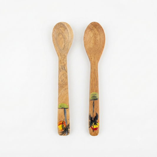 Handcrafted Set of 2 Hand-Painted Tropical Mushroom Motif Guayacán Wood Spoons