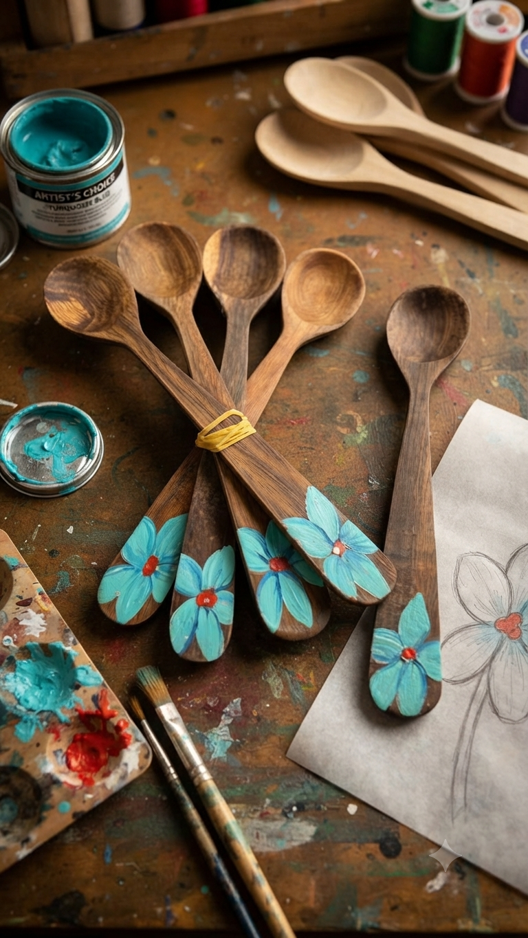 Handcrafted Set of 5 Hand-Painted Turquoise Floral Guayacán Wood Spoons