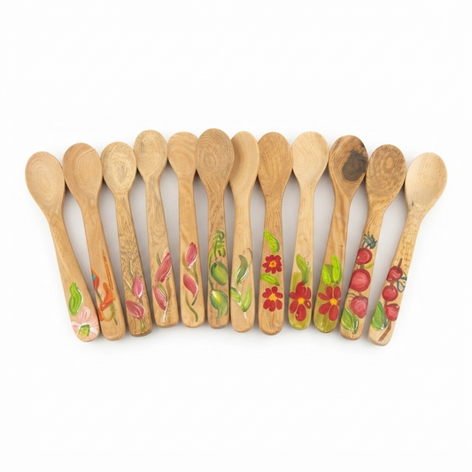 Handcrafted Set of 14 Assorted Hand-Painted Tropical Flora Guayacán Wood Spoons