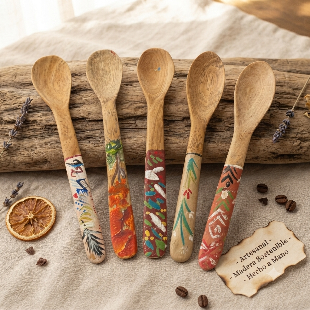 Handcrafted Set of 5 Assorted Hand-Painted Tropical Guayacán Wood Spoons