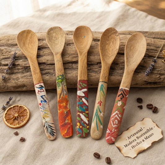 Handcrafted Set of 5 Assorted Hand-Painted Tropical Guayacán Wood Spoons