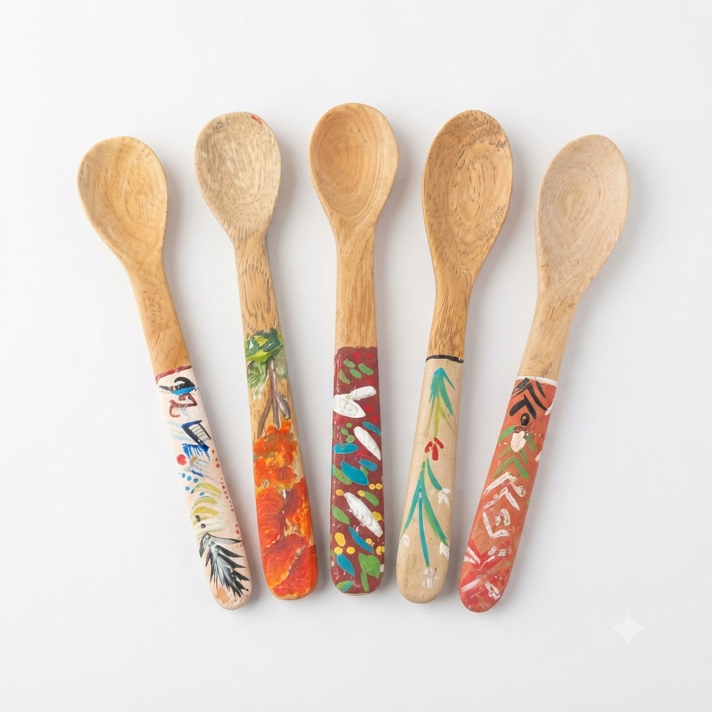 Handcrafted Set of 5 Assorted Hand-Painted Tropical Guayacán Wood Spoons