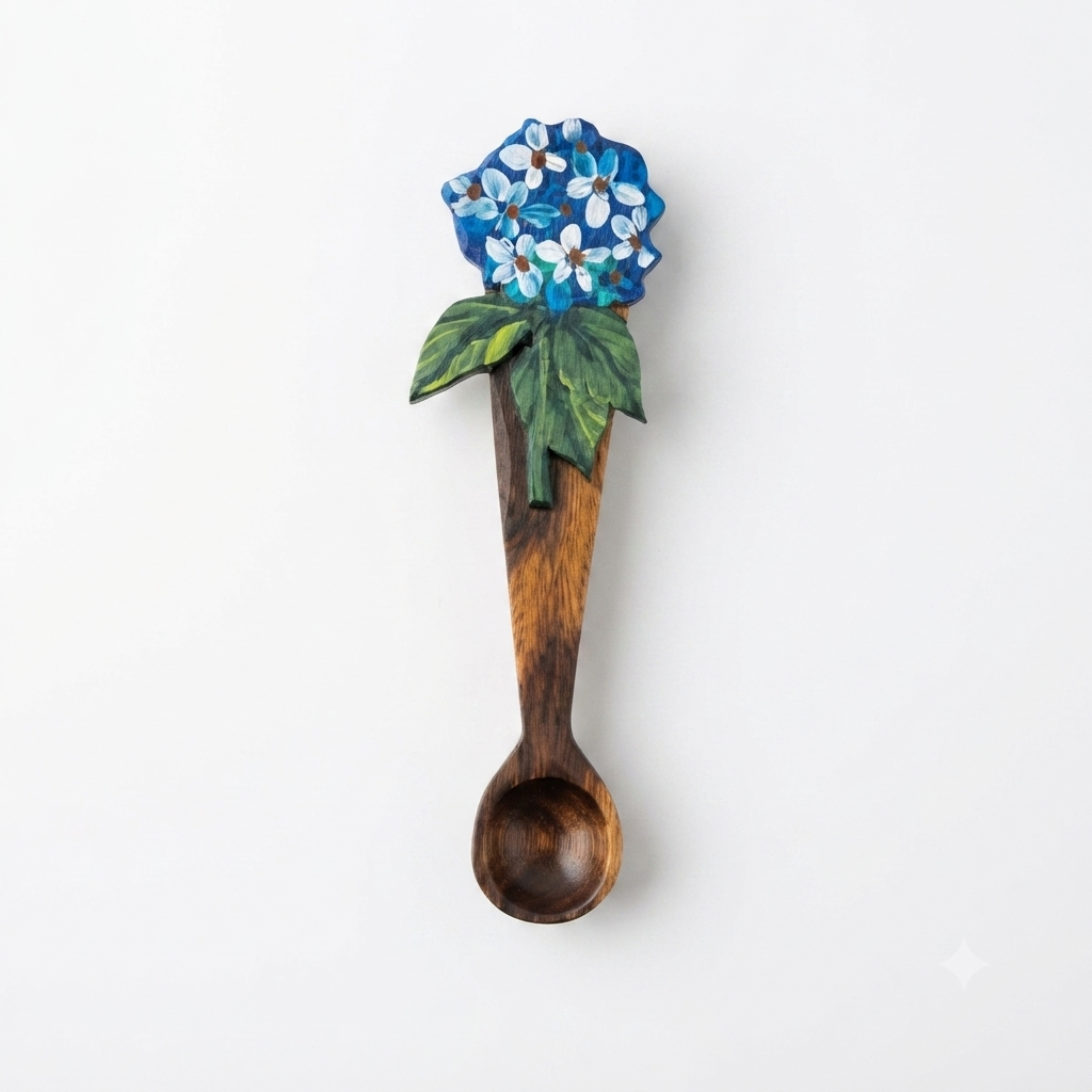 Handcrafted Hand-Painted Blue Hydrangea Top Guayacán Wood Spoon