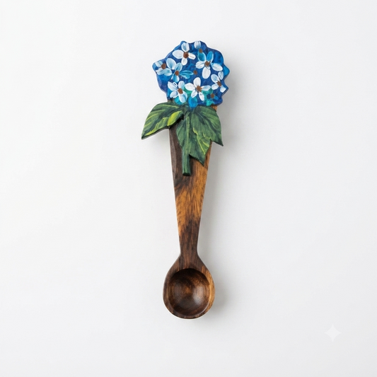 Handcrafted Hand-Painted Blue Hydrangea Top Guayacán Wood Spoon