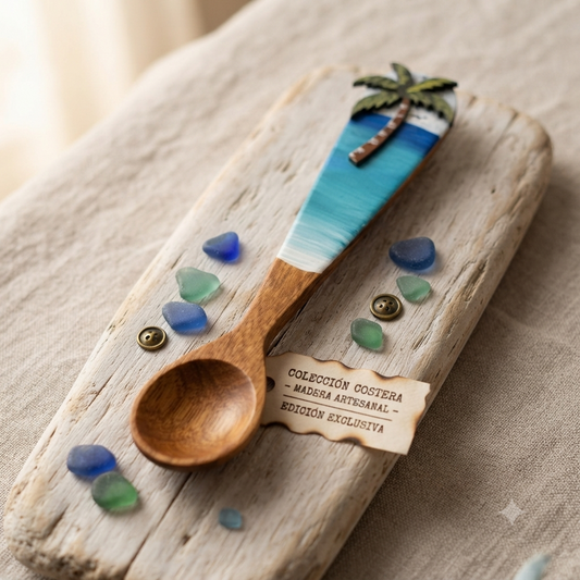 Handcrafted Hand-Painted Tropical Beach and Palm Tree Guayacán Wood Spoon