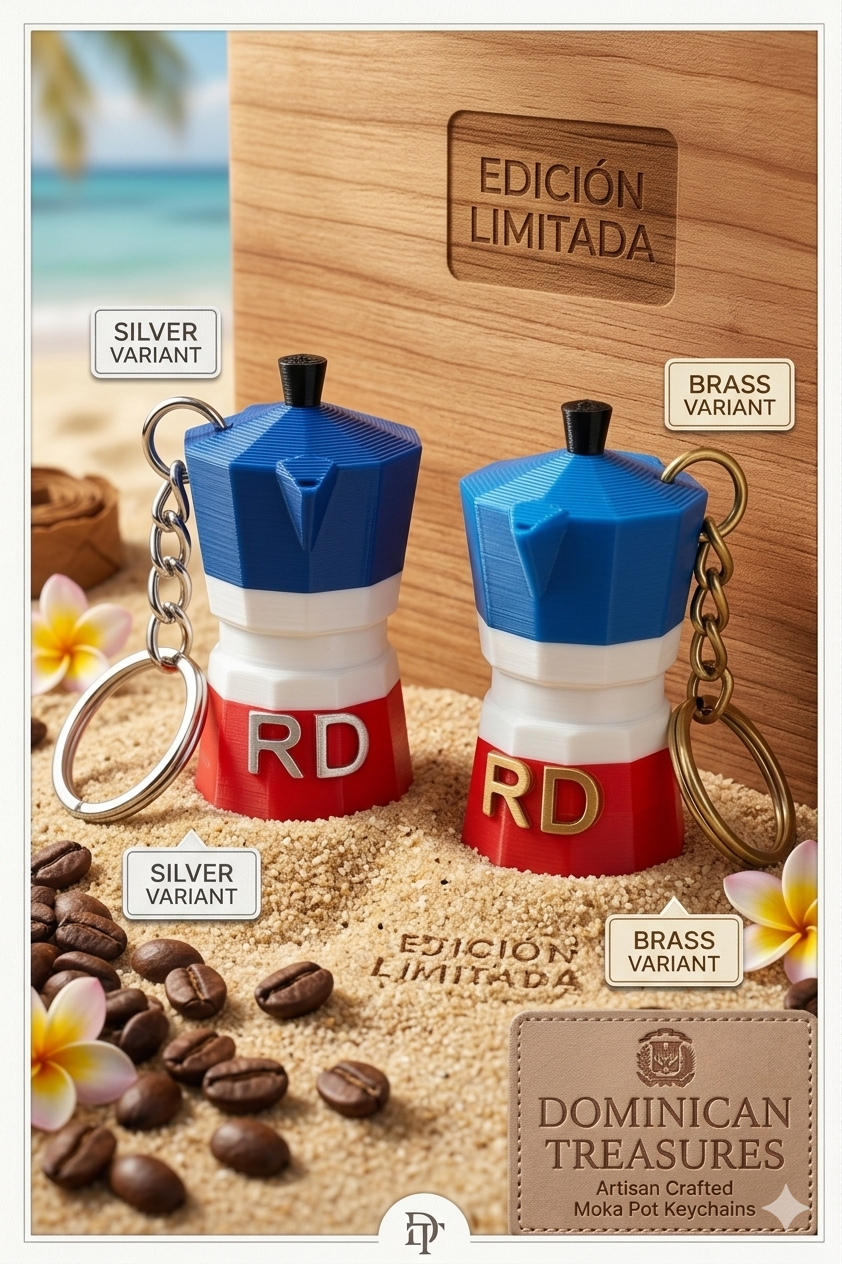Cafecito de mi Tierra" Dominican Moka Pot Keychain – Tricolor Edition 🇩🇴