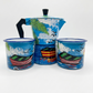 Caribbean Coffee Art Set: Hand-Painted Moka Pot & Enamel Mug Duo