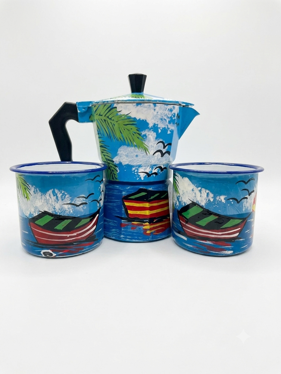 Caribbean Coffee Art Set: Hand-Painted Moka Pot & Enamel Mug Duo