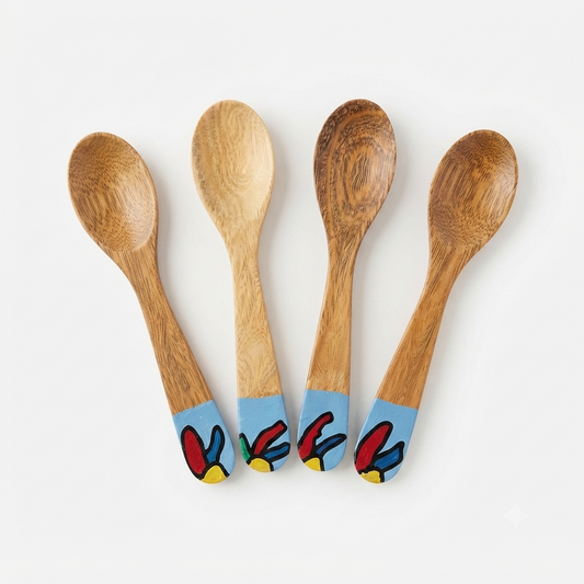 Handcrafted Set of 4 Hand-Painted Blue and Red Motif Guayacán Wood Spoons