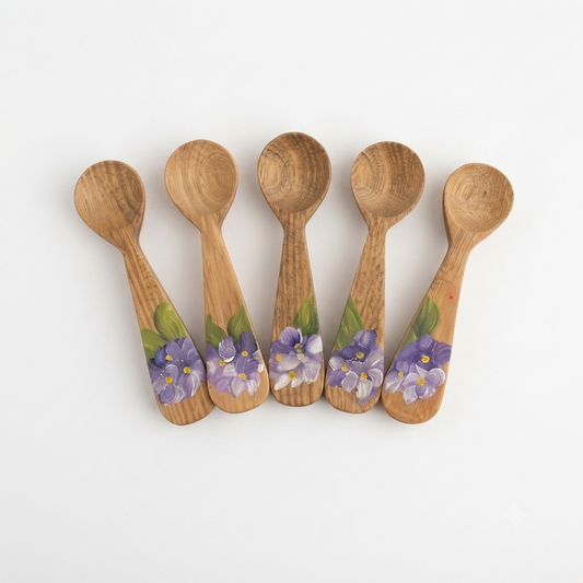 Handcrafted Set of 5 Hand-Painted Purple Violet Motif Guayacán Wood Spoons