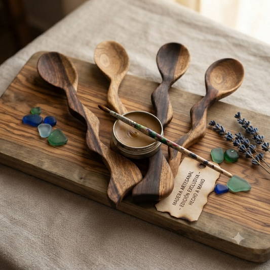 Handcrafted Set of 4 Wavy Sculptural Dominican Guayacán Wood Spoons