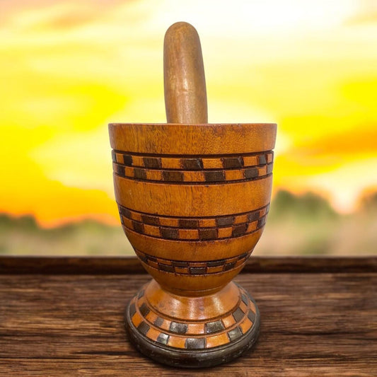 Dominican Wooden Pilon with Carved Designs, 7.5 Inches Tall