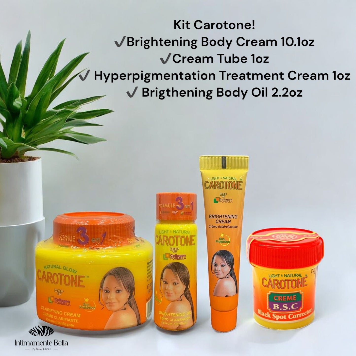 Kit Carotone Brightening Cream 10.1oz, Dark Spot Cream 1 oz, Body Oil 2.2oz, Cream Tube 1oz