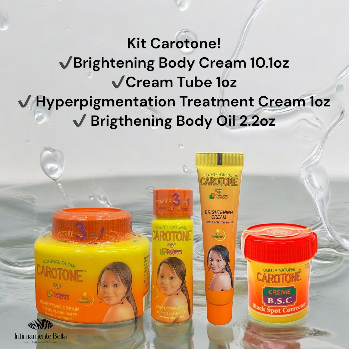 Kit Carotone Brightening Cream 10.1oz, Dark Spot Cream 1 oz, Body Oil 2.2oz, Cream Tube 1oz