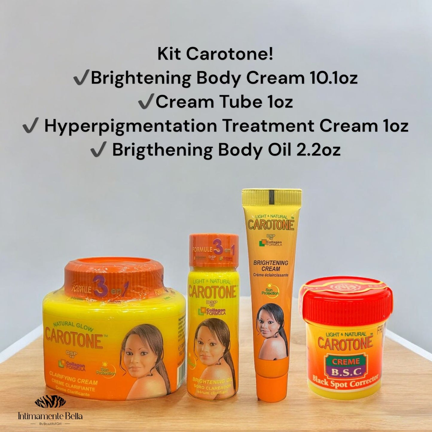 Kit Carotone Brightening Cream 10.1oz, Dark Spot Cream 1 oz, Body Oil 2.2oz, Cream Tube 1oz