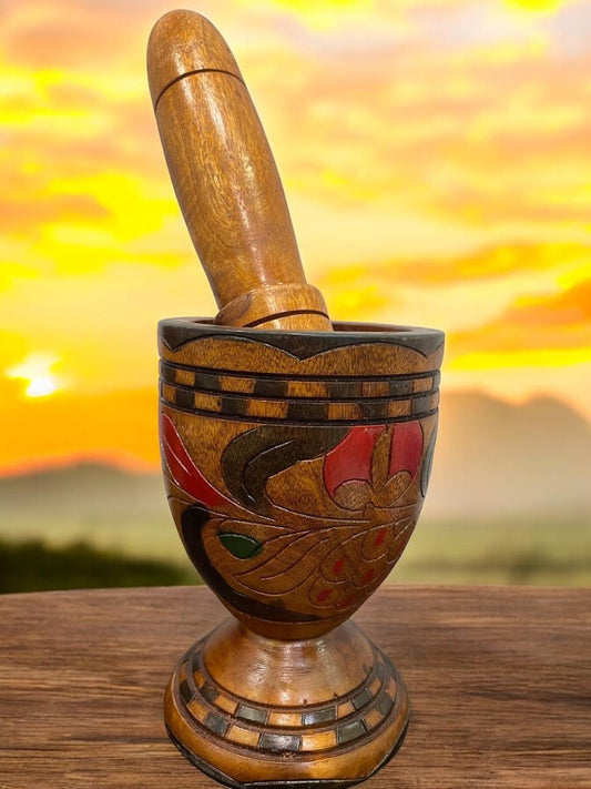 Dominican Wooden Pilon with Carved Designs, 7 Inches Tall