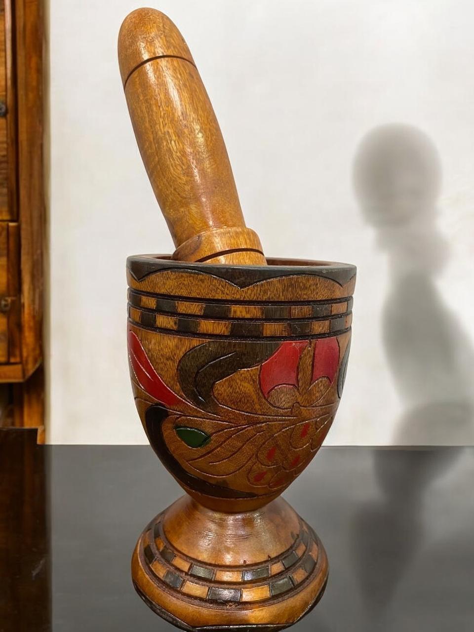 Dominican Wooden Pilon with Carved Designs, 7 Inches Tall