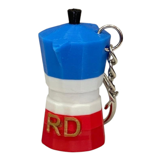 Cafecito de mi Tierra" Dominican Moka Pot Keychain – Tricolor Edition 🇩🇴
