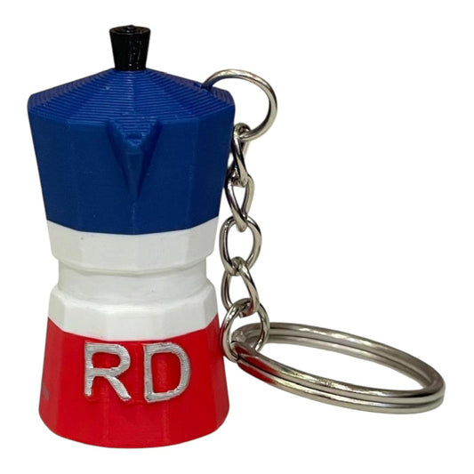 Cafecito de mi Tierra" Dominican Moka Pot Keychain – Tricolor Edition 🇩🇴