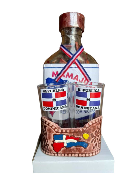 Set de Mamajuana Dominicana con 2 vasos tequileros y portador